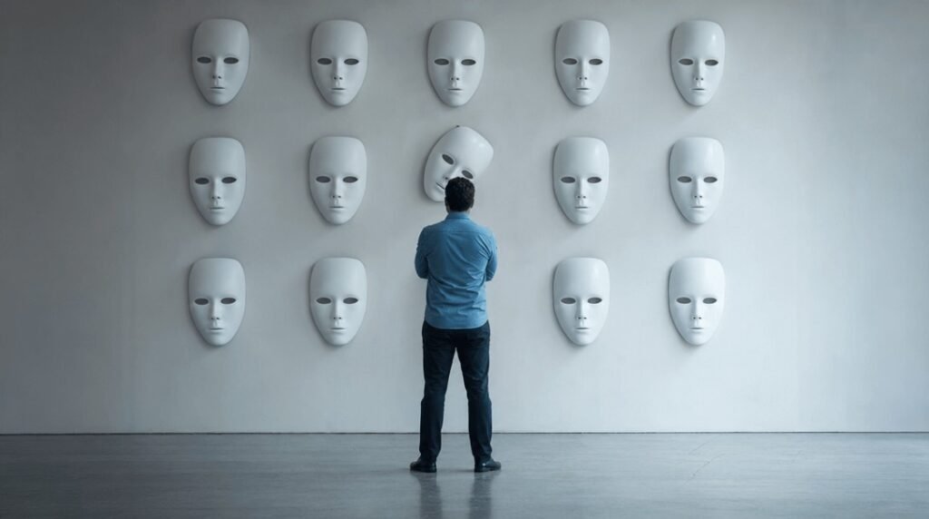 Homem de costas observando parede de máscaras sociais brancas iguais, com uma máscara caindo — máscaras sociais
