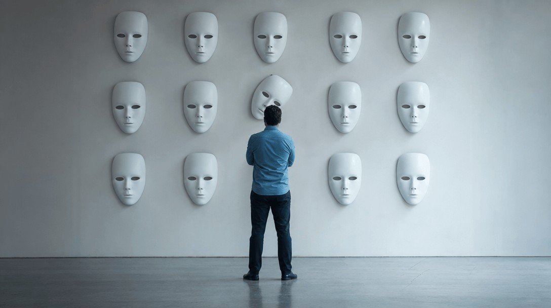 Homem de costas observando parede de máscaras sociais brancas iguais, com uma máscara caindo — máscaras sociais
