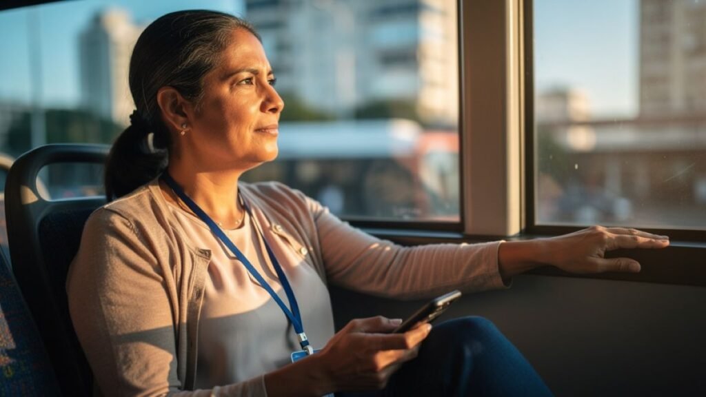 Mulher pensativa na janela do ônibus, símbolo das máscaras sociais como proteção