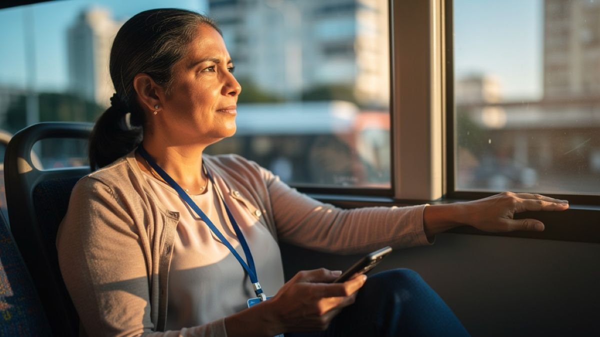 Mulher pensativa na janela do ônibus, símbolo das máscaras sociais como proteção
