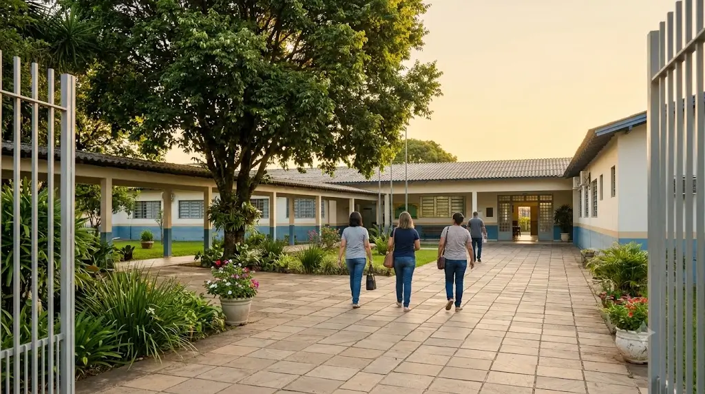 Mulheres e um homem adultos entrando numa escola pública ao entardecer, imagem sobre o acesso à educação que faltou — nunca o esforço