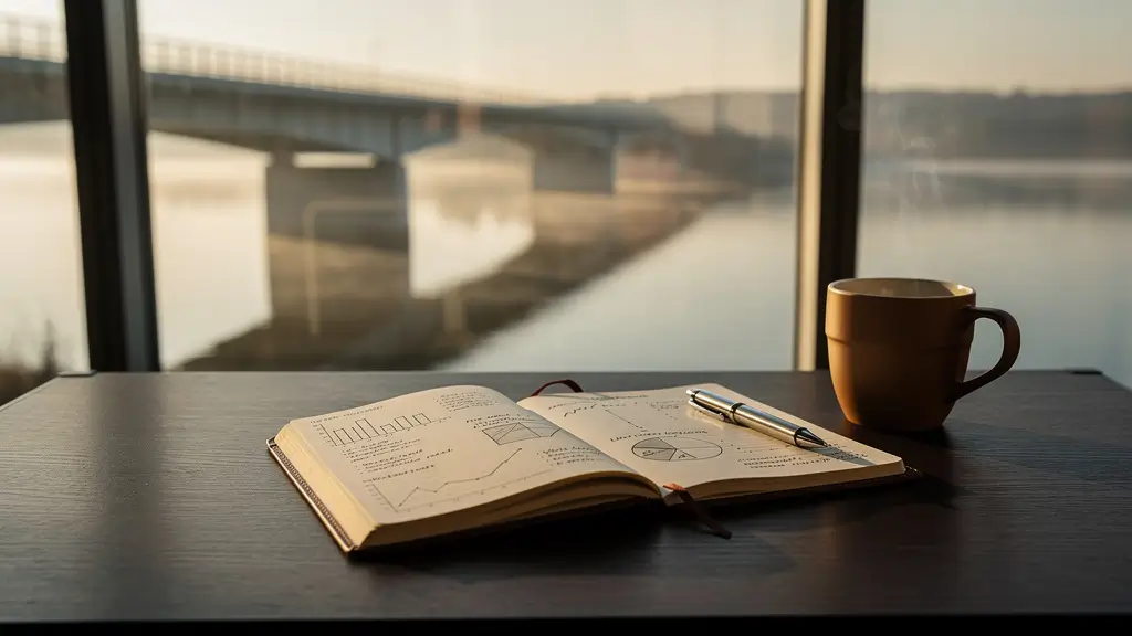 Caderno aberto com gráficos e anotações, caneta e xícara sobre a mesa, diante de uma janela com vista para uma ponte sobre o rio